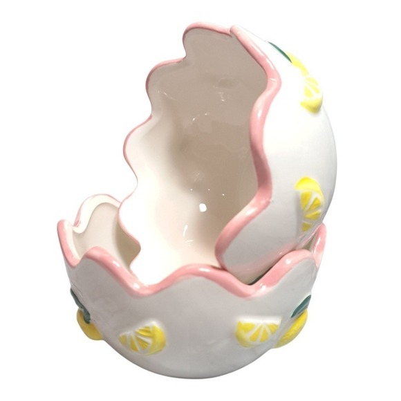 Luna & Sage Set of 2 Lemon Theme Bowls With Pink Scallop Rim Kitchen Dinnerware - Picture 2 of 10